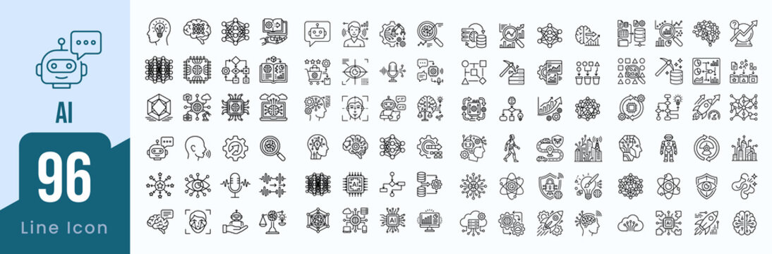 Set of 96 artificial intelligence thin line vector icons for digital