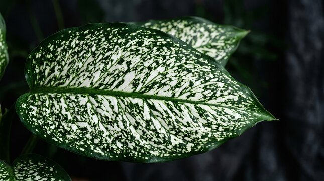 Close-up Dieffenbachia tropical plant leaf, green white speckled pattern