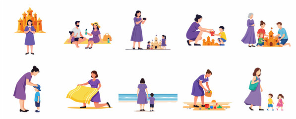 Fototapeta premium Set of flat vector illustrations of families enjoying summer vacation at the beach, building sandcastles, having a picnic, and walking by the sea.