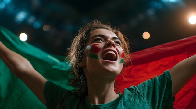 Happy Female Portugal Soccer Supporter Cheering with Flag and Face Paint in Stadium