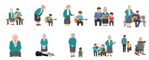 Fototapeta premium Set of Flat Vector Illustrations Featuring a Grandmother and Her Family Members Bonding Through Music, Reading, and Daily Activities