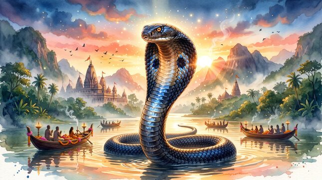 Majestic cobra rising from sacred river valley for Nag Panchami festival devotion and celebration