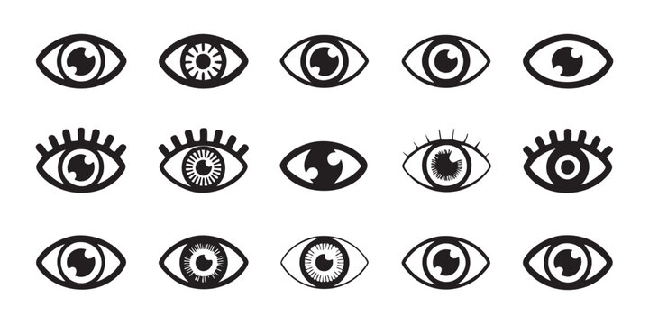 Collection of eye symbols offering a variety of styles for visual communication and art.