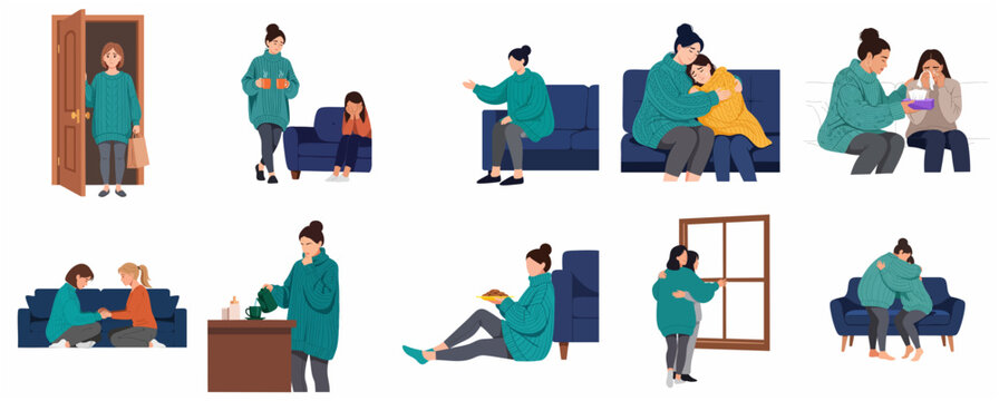 Flat vector illustration set of women providing emotional support, comfort, and care to friends in various sad or difficult situations