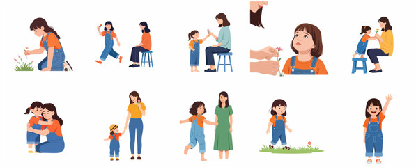 Fototapeta premium Set of flat vector illustrations depicting a little girl and her mother sharing loving moments, giving flowers, hugging, and walking together.