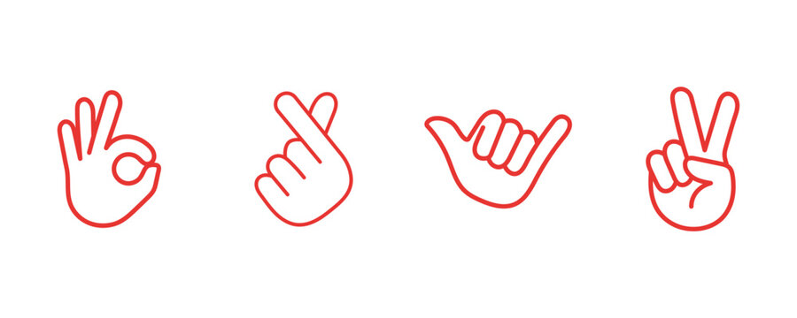 Hand gestures line icons set with heart and victory sign vector illustration