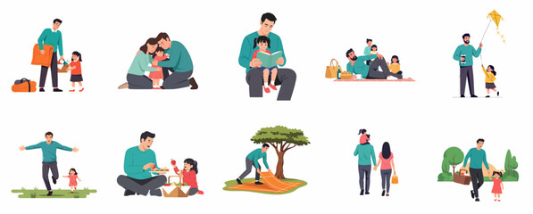 Fototapeta premium Father and daughter spending time together in nature, outdoor activities set, picnic, reading, playing and flying kite, flat vector illustration isolated on white.