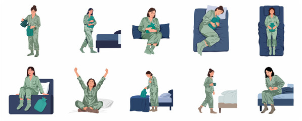 Fototapeta premium Woman experiencing menstrual cramps and period pain vector illustration set. Girl in pajamas using hot water bottle for abdominal pain relief in various poses.