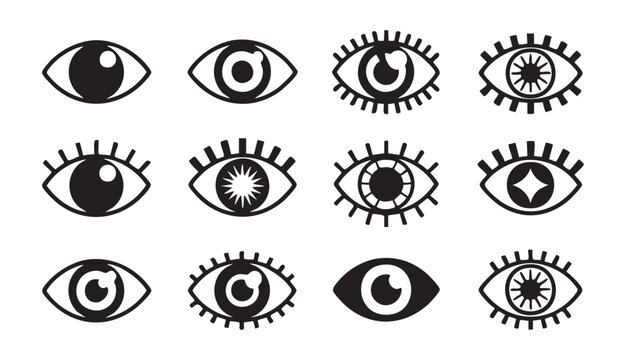 Set of human eye icons representing vision and perception isolated on dark transparent background.