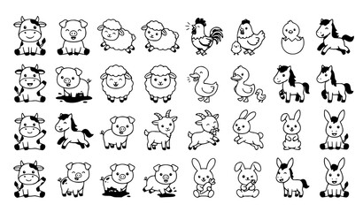Obraz premium Large collection of cute domestic and farm animals line art icons vector.
