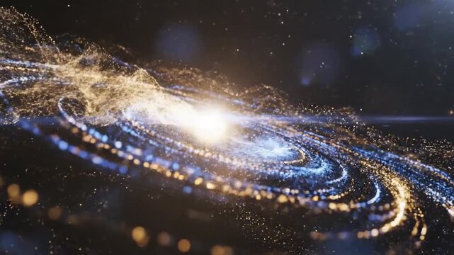 Swirling cosmic dust and glowing particles forming a vibrant spiral galaxy with a bright central star and distant stars in the dark expanse of space