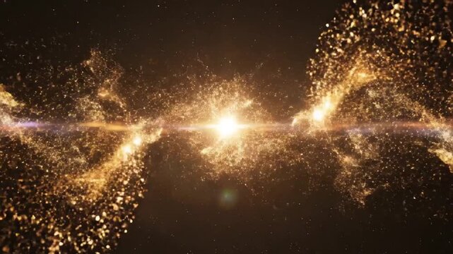 Two luminous golden spiral nebulae colliding in the vast darkness of space, emitting bright light and surrounded by countless tiny stars and cosmic dust particles