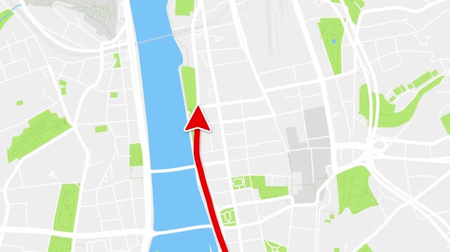 Prague Czech Republic city map route animation with moving arrow and destination pin