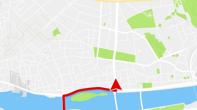 Prague Czech Republic city map route animation with moving arrow and destination pin
