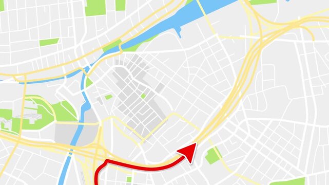 Providence Rhode Island city map route animation with moving arrow and destination pin