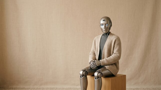 Futuristic humanoid robot in cardigan sitting on wooden cube