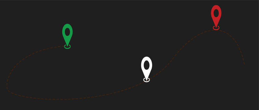 Three colorful location pins connected by a curved path on a dark background, representing a journey or route.