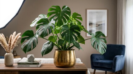 Fototapeta premium Lush tropical Monstera houseplant in chic gold pot, modern living room