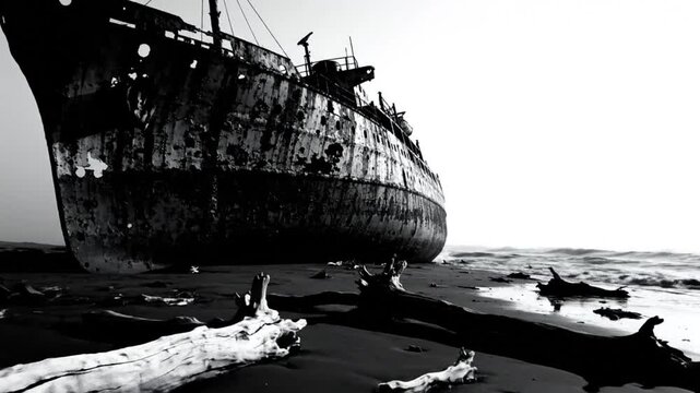 Dramatic monochrome shot of a shipwrecked, decaying vessel resting on a desolate beach with driftwood scattered around