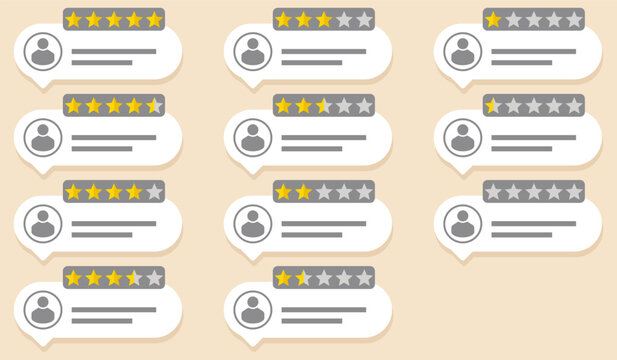 Customer rating review cards illustration with different star scores, user profile icons and feedback text bubbles, online testimonial template for app, website, service quality and survey design