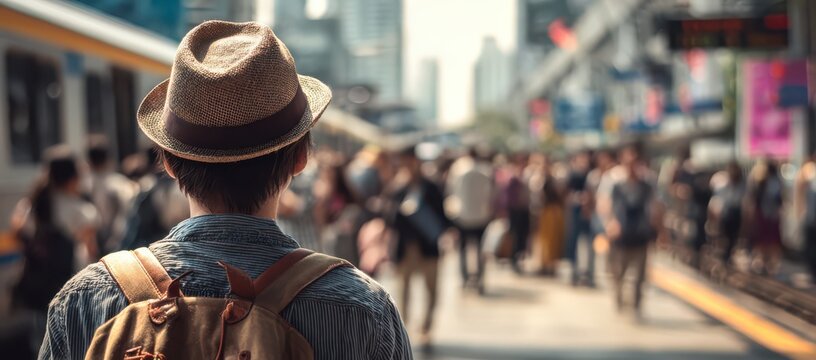 Traveler wearing hat and backpack at crowded urban train station with traveler backpack commuter platform adventure passenger vacation exploration transportation departure movement explorer