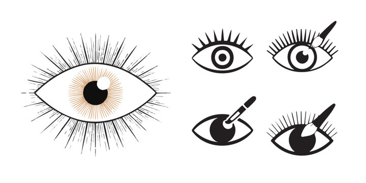 Detailed eye icon with long lashes and makeup application tools on transparent background.