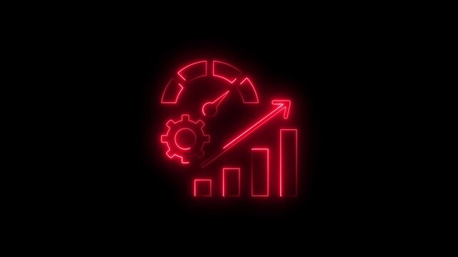 Neon business growth with speedometer and rising bar chart for financial success and performance analytics