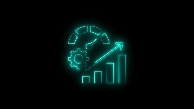 Neon business growth with performance gauge and rising bar chart animation success strategy
