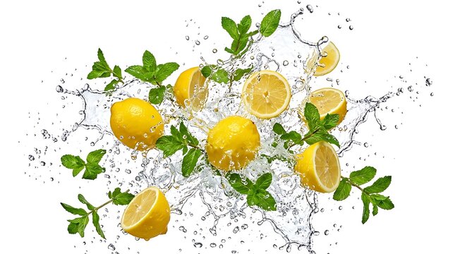 Fresh yellow lemons with green leaves on white marble background still life