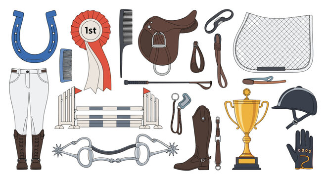 Complete set of horse riding equipment including a saddle, helmet, boots, trophy, and various equestrian accessories on a white background.