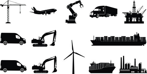 Obraz premium Collection of logistics and transport silhouettes featuring trucks, forklifts, cranes, ships, aircraft, drones, and construction vehicles