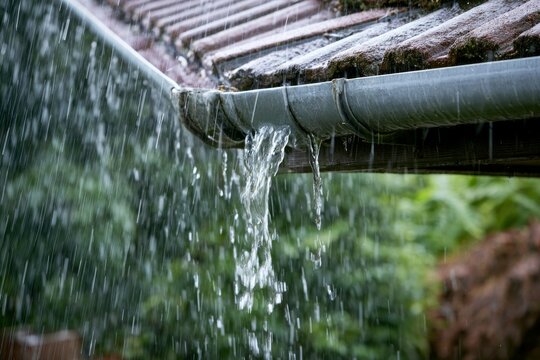 Heavy rain falls from a roof gutter in a garden during a cloudy day