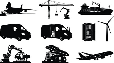 Obraz premium Collection of logistics and transport silhouettes featuring trucks, forklifts, cranes, ships, aircraft, drones, and construction vehicles