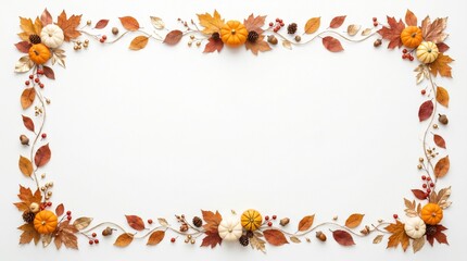 Fototapeta premium Thanksgiving frame autumn leaves pumpkins and berries border for holiday design