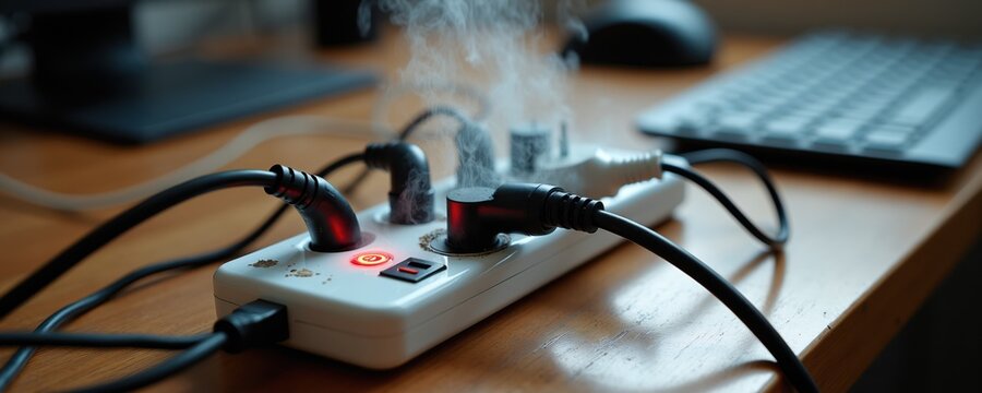 Overloaded power strip is smoking and glowing red, indicating a serious fire hazard. Multiple devices plugged into one outlet create dangerous overheating and electrical risk. Safety warning.