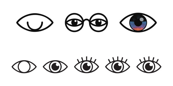 Set of diverse flat eye icons featuring lashes glasses and colorful iris elements on gray grid base.