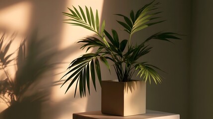 Obraz premium Lush green tropical leaves cast dramatic shadows against a warm earthy backdrop creating a peaceful and minimalist aesthetic