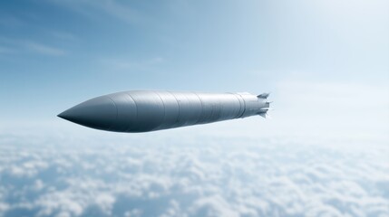 Naklejka premium Guided tomahawk missile flying through bright sky, aerospace defense technology, military engineering, modern warfare visualization