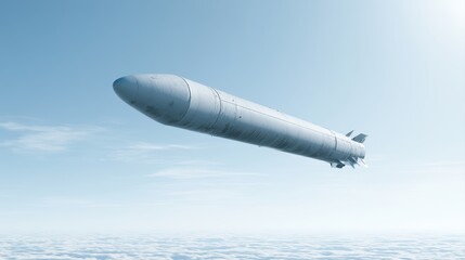 Naklejka premium Guided tomahawk missile flying through bright sky, aerospace defense technology, military engineering, modern warfare visualization