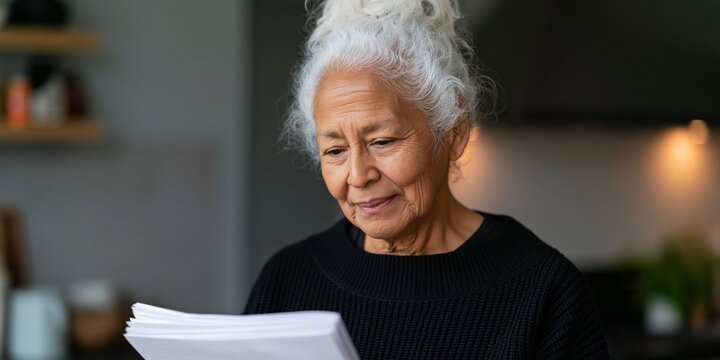 Elderly woman reading papers at home kitchen counter for article header and healthcare finance document design background