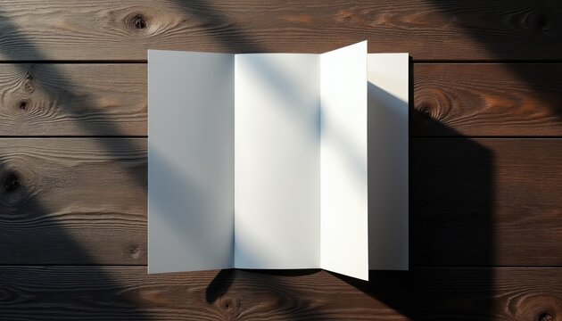 Open four-fold brochure blank mockup on dark wooden table. Clean paper surfaces ready for design. Natural light and shadow create atmosphere. Ready for presentation.