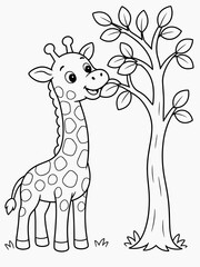 Naklejka premium Cute spotted giraffe stretching its long neck to eat leaves from a tall tree, drawn as a black and white outline coloring page for children. Ideal for safari-themed worksheets.