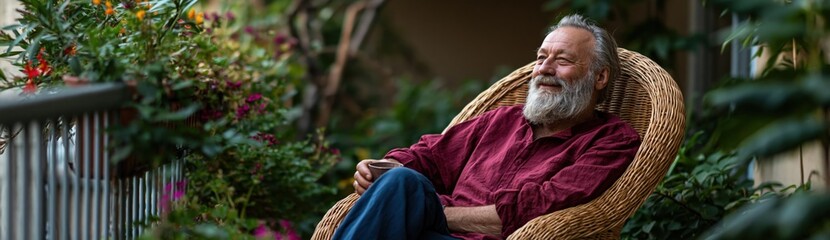 Obraz premium Bearded man seated in wicker chair on balcony surrounded by plants for cozy outdoor background and relaxation banner