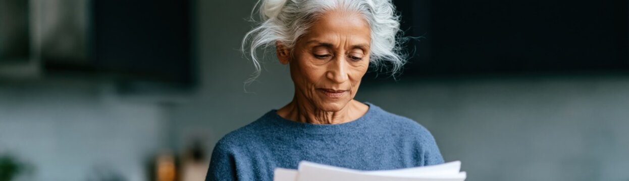 Senior woman reading documents at home for personal finance article header and lifestyle website banner