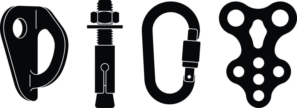 Rock Climbing Anchors and Rigging Hardware Icon Set with Bolt Hanger Expansion Anchor Carabiner and Rigging Plate for Mountaineering Equipment