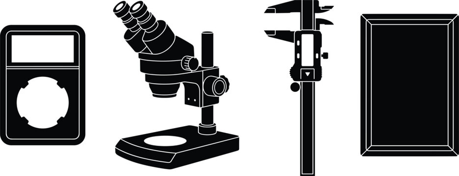 Scientific Laboratory Equipment Icon Set with Digital Multimeter Binocular Microscope Vernier Caliper and Frame for Technical Engineering and Research Projects