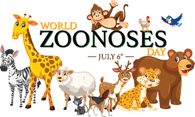 World Zoonoses Day Banner with Cute Cartoon Wild and Domestic Animals July 6 Awareness Campaign Illustration © Usama Zahoor