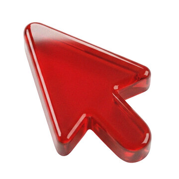 Red 3D computer cursor arrow isolated on white background with three dimensional computer interface navigation graphics technology