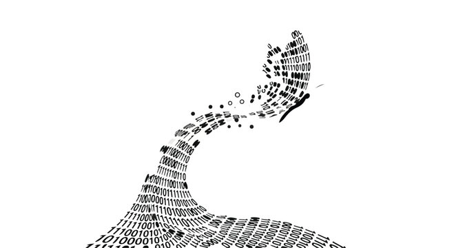 Abstract butterfly composed of many small square pixels and dots.