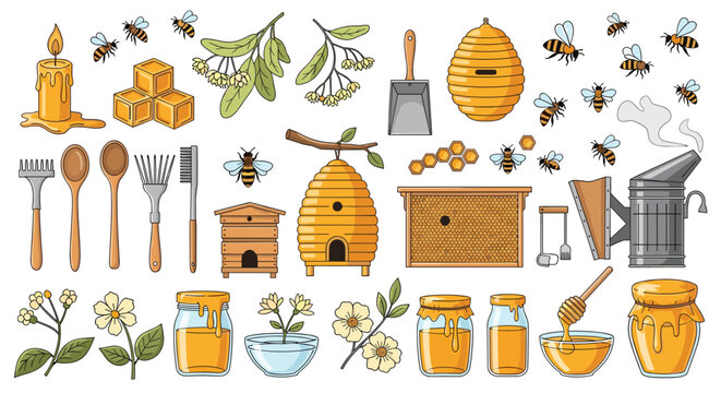 Comprehensive collection of beekeeping tools and honey products featuring hives, bees, jars, and flowers in flat vector style.